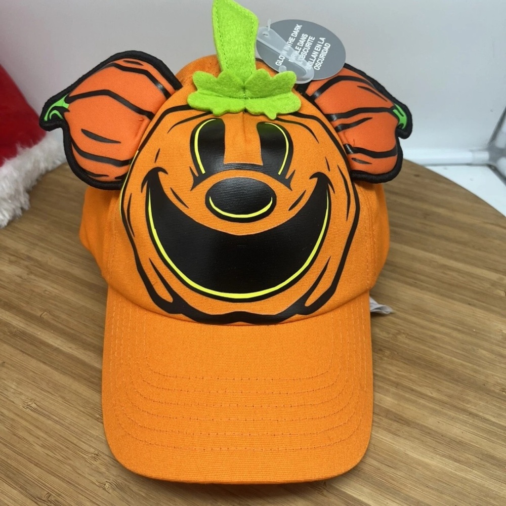 Disney Parks Orange Pumpkin Mickey Mouse Ears Glow in Dark Adult Hat Cap New